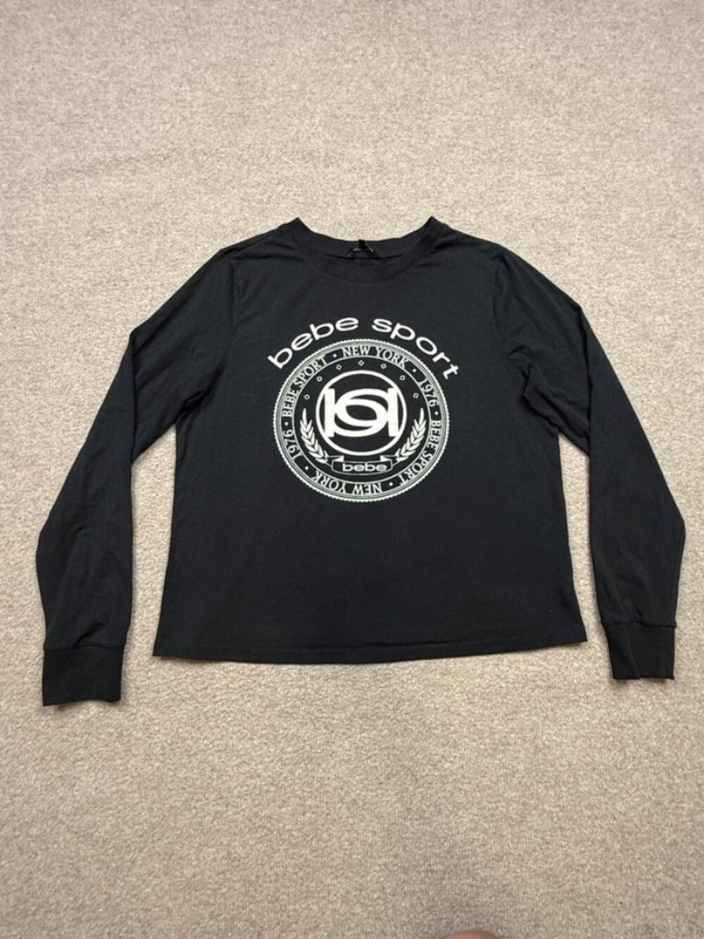 Vintage Bebe Sport Long Sleeve Crop Shirt Womens Size M Black Logo Graphic Tee